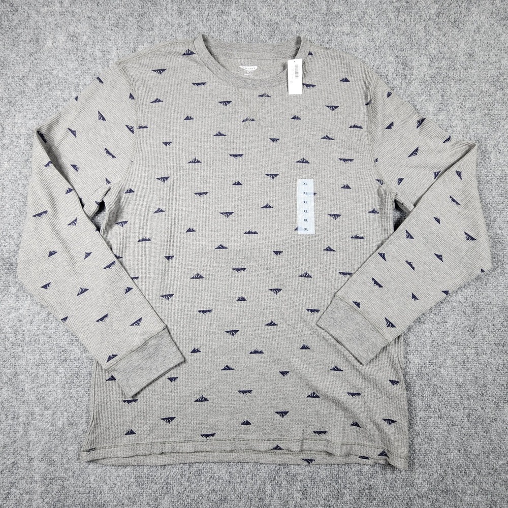 Old Navy Mens XL Gray Mountain Print Thermal Waffle Knit Long Sleeve Shirt NWT